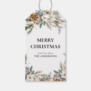 Elegant Pine Tree Greenery Black Christmas Gift Tags