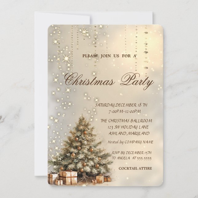 Elegant Pine Tree Presents Christmas Party Invitation (Front)