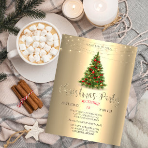 Elegant Pine Tree,String Lights Gold Christmas  Invitation