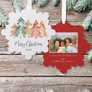 Elegant Pine Tree Watercolor Photo Merry Christmas Decoration Card
