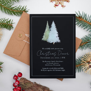 Elegant Pine Trees Forest Black Christmas Dinner Invitation