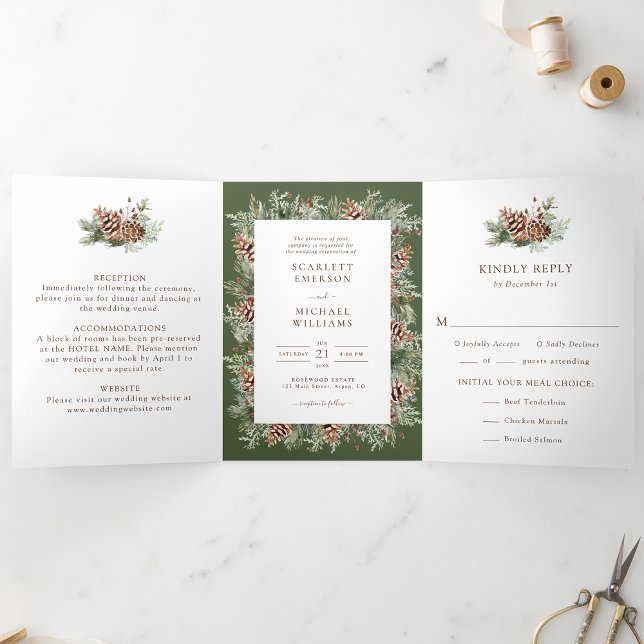 Elegant Pine Trifold Wedding Invitation (Elegant Evergreen Pine Trifold Wedding Invitation Photo on back by Painted Paperie
)