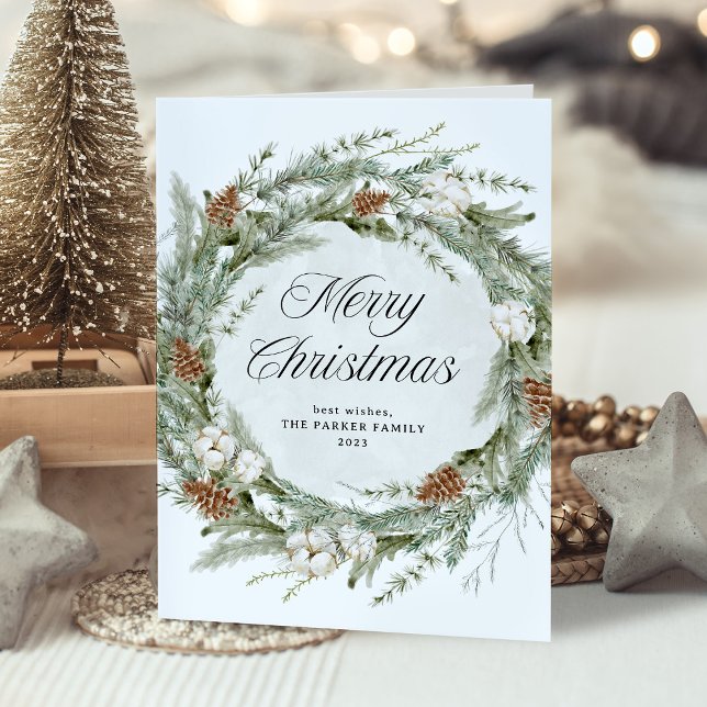 Elegant Pine Wreath and Greenery | Merry Christmas Holiday Card (An elegant holiday card with a traditional Christmas wreath and script)