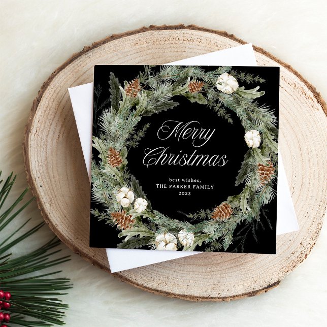Elegant Pine Wreath and Greenery | Merry Christmas Holiday Card (An elegant, dark black holiday card with a traditional Christmas wreath and modern calligraphy)