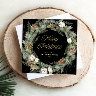 Elegant Pine Wreath Black   Gold Merry Christmas Holiday Card