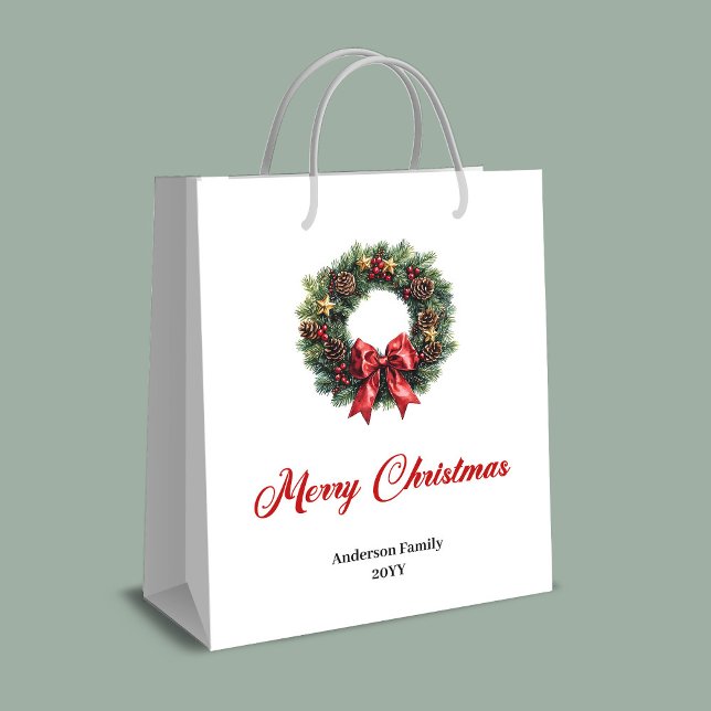 Elegant pine wreath Christmas gift bag watercolor (Elegant pine wreath Christmas gift bag watercolor)