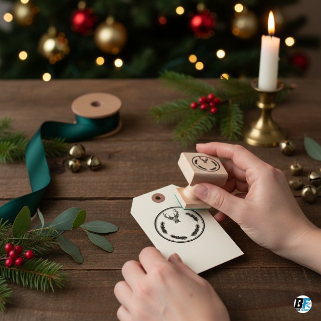Elegant Pine Wreath & Deer Head Custom Rubber Stamp (Creator Uploaded)