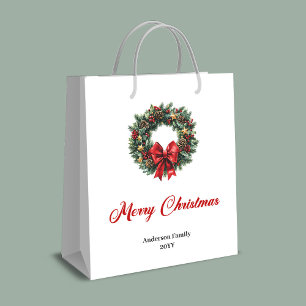Elegant pine wreath gift bag red green gold tones