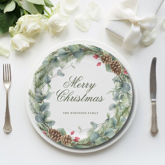 Elegant Pine Wreath Greenery Merry Christmas Paper Plate (Creator Uploaded)