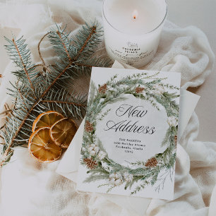 Elegant Pine Wreath New Address at Christmas Holiday Card