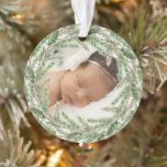 Elegant Pine Wreath Photo Babys First Christmas Ornament<br><div class="desc">Simple keepsake acrylic ornament featuring a rustic watercolor painted pine greenery wreath with a photo of your newborn baby inside. The backside has baby's name in a handwritten font and birth stats in green. This custom holiday ornament makes a great gift for new parents or for yourself if you recently...</div>