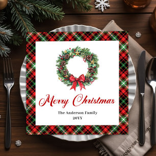 Elegant Pine Wreath Red Green Plaid Napkins