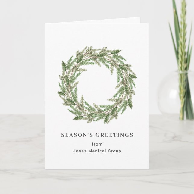 Elegant Pine Wreath Simple Corporate Christmas Holiday Card (Front)