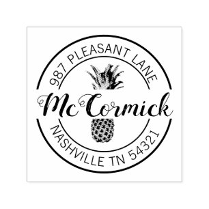 Elegant Pineapple Calligraphy Return Address Round Self-inking Stamp