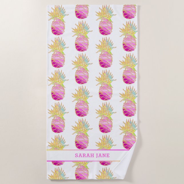 Elegant Pineapple in Pinks and Gold Personalised Beach Towel (Front)