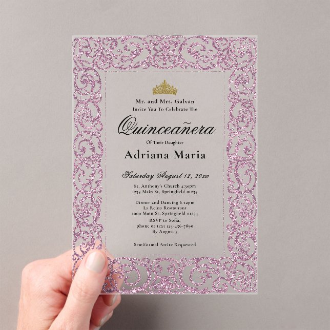 Elegant Pink 15th Birthday Quinceanera Acrylic Invitations (Insitu (Handheld))