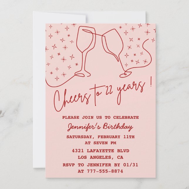 Elegant Pink 22nd birthday invitations Cheers  (Front)