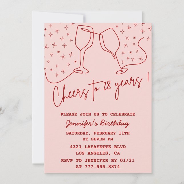 Elegant Pink 28th birthday invitations Cheers  (Front)