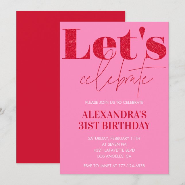 Elegant Pink 31st birthday invitation Glitter Glam (Front/Back)