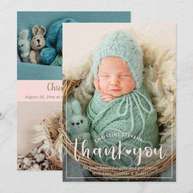Elegant Pink 3 Photo Thank You Birth Announcement (Front/Back)