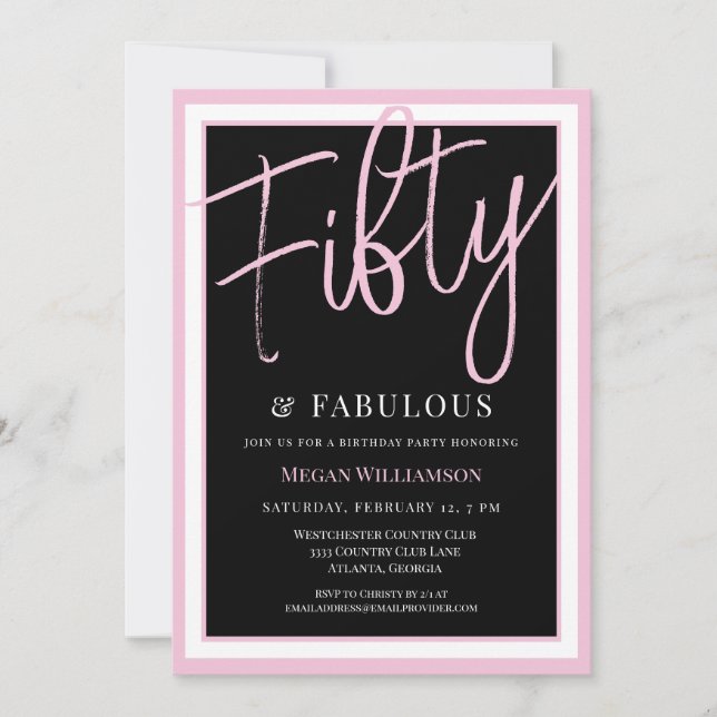 Elegant Pink 50 and Fabulous Birthday  Invitation (Front)