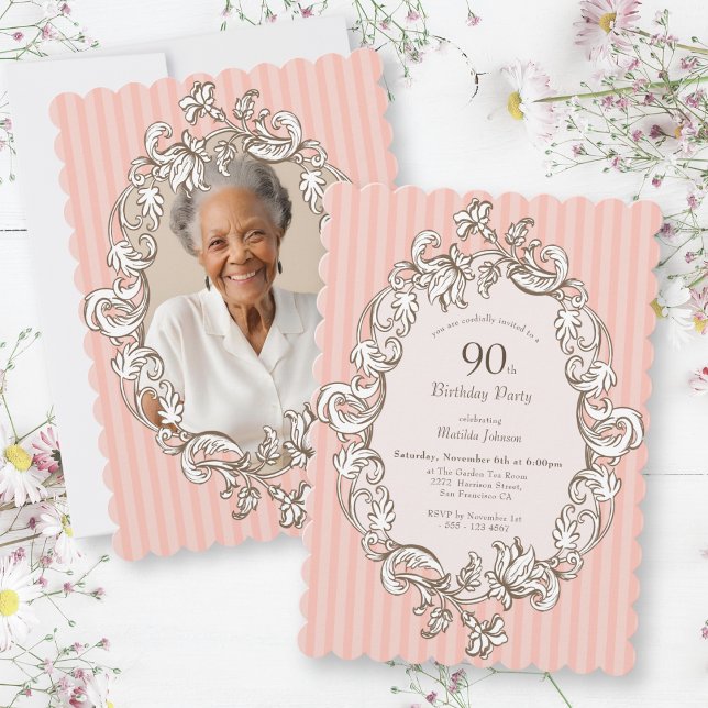Elegant Pink 90th Birthday Party Invitation (Elegant Pink 90th Birthday Party Invitation)