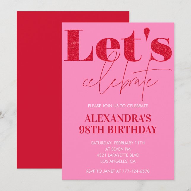 Elegant Pink 98th birthday invitation Glitter Glam (Front/Back)