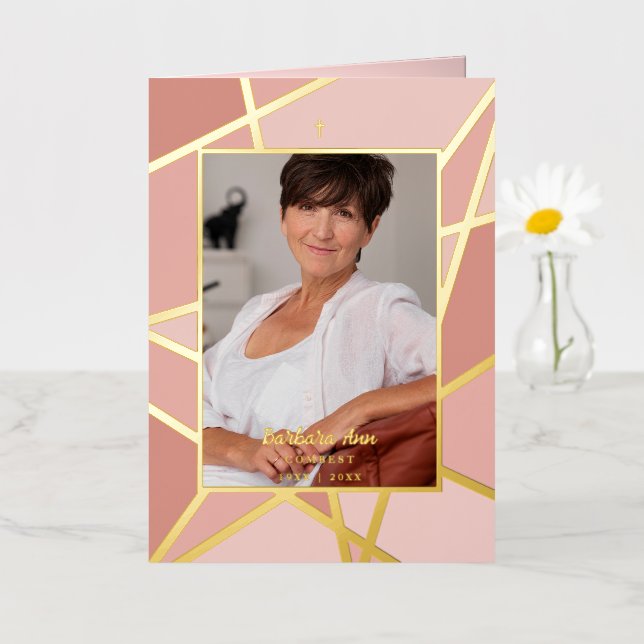 Elegant Pink Abstract Photo Memorial Funeral Foil Holiday Card (Small Flower)