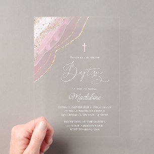 elegant pink agate Baptism Acrylic Invitations