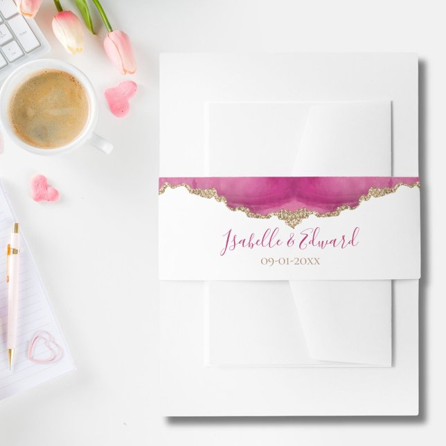 Elegant Pink Agate Stone Gold Inlay Border Wedding Invitation Belly Band (Creator Uploaded)