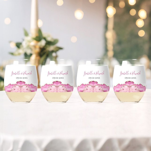 Elegant Pink Agate Stone Wedding Drinkware Set Stemless Wine Glass (Creator Uploaded)