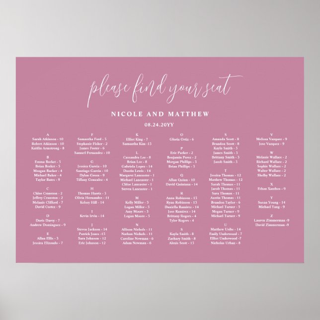 Elegant Pink Alphabetical Wedding Seating Chart (Front)