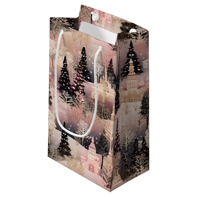 Elegant Pink and Black Christmas Village Small Gift Bag (Front Angled)
