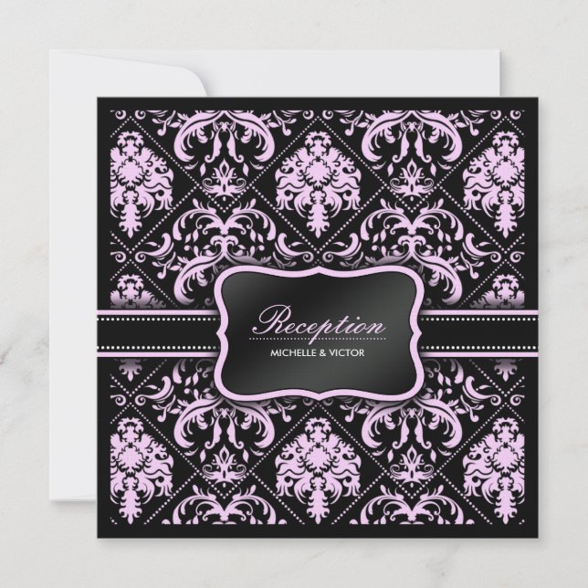 Elegant Pink and Black Damask Reception Only Invitation (Front)
