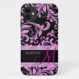 Elegant pink and black damask with monogram Case-Mate iPhone case