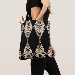 Elegant Pink And Black Diamond Damask Pattern Tote Bag