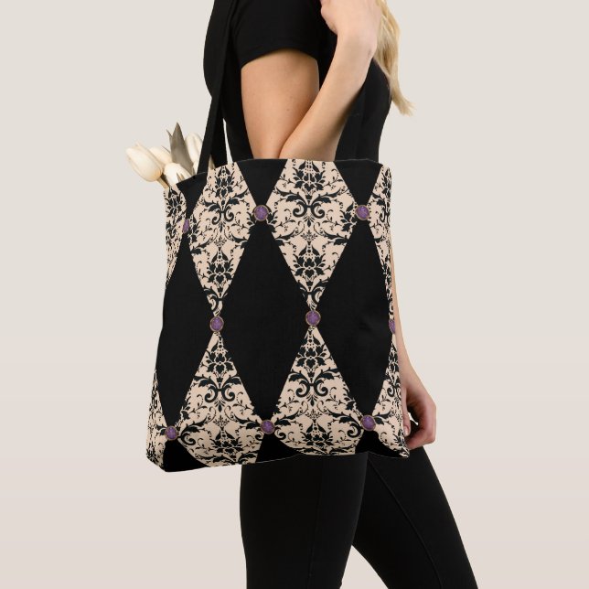 Elegant Pink And Black Diamond Damask Pattern Tote Bag (Close Up)