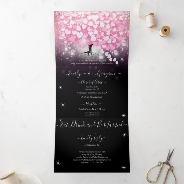 Elegant  Pink and Black Heart Leaf Wedding Tri-Fold Invitation (Inside)