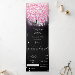 Elegant Pink and Black Heart Leaf Wedding Tri-Fold Invitation