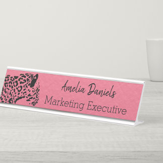 Elegant Pink and Black Jaguar Monogram Desk Namepl Name Plate