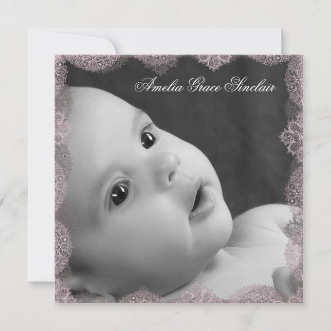 Elegant Pink and Black Photo Birth Announcement (Front)