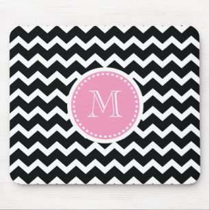 Elegant Pink and Black Retro Chevron Monogram Mouse Pad