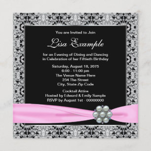 Elegant Pink and Black Womans 50th Birthday Party Invitation
