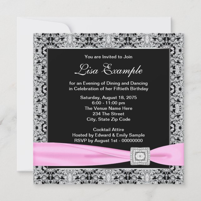 Elegant Pink and Black Womans 50th Birthday Party Invitation (Front)