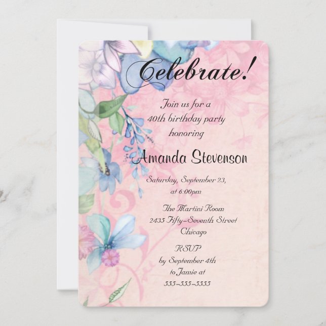 Elegant Pink and Blue Floral Wildflowers Birthday Invitation (Front)