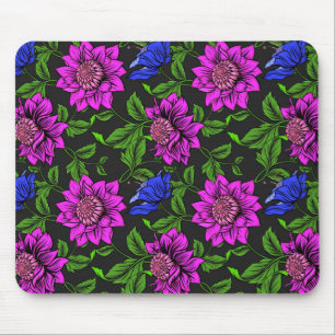 Elegant Pink And Blue Flower Black Background Mouse Pad