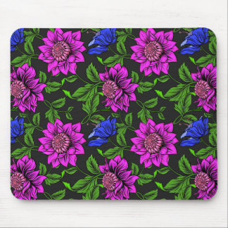 Elegant Pink And Blue Flower Black Background Mouse Pad