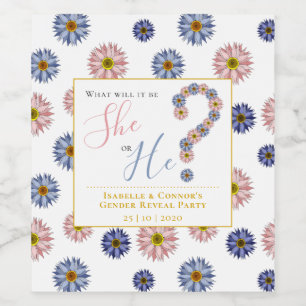 Elegant Pink and Blue Flowers Gender Reveal Party Wine Label