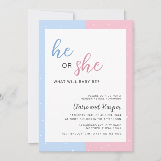 Elegant Pink and Blue Gender Reveal Baby Shower Invitation (Front)