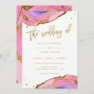 Elegant Pink and Blue Geode with Gold   Wedding Invitation